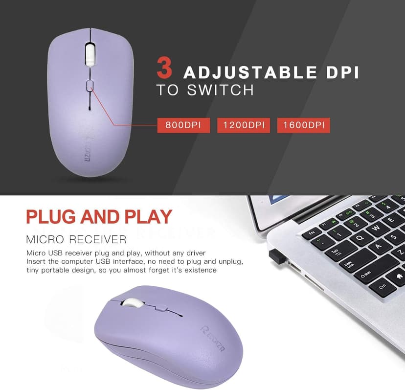 Wireless Keyboard and Mouse Combo, Full-Sized Wireless Keyboard and Adjustable DPI Mouse, 2.4GHz USB Receiver, Wireless Keyboard and Mouse for PC, Windows, Desktop, Laptop (Purple)