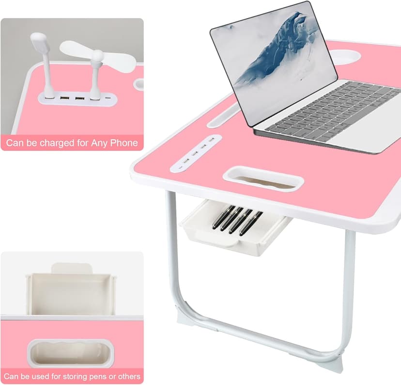Laptop Bed Table, Laptop Desk for Bed, Foldable Laptop Bed Desk with USB Charge Port, Handle, Desktop Card Slot, Cup Slot, Side Drawer, Portable Laptop Table for Eating Reading Working