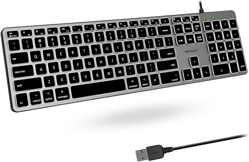 Macally Backlit Mac Keyboard - Quiet, Sleek, and Functional - 3 Brightness Levels, 107 Keys, 5ft USB Wired - Apple Keyboard - Backlit Wired for Mac, iMac, MacBook Pro/Air - Space Gray