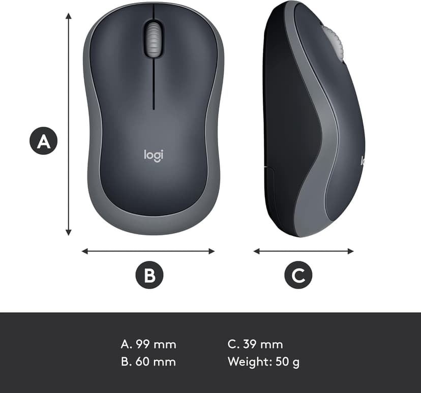 Logitech M185 Wireless Mouse, 2.4GHz with USB Mini Receiver, 12-Month Battery Life, 1000 DPI Optical Tracking, Ambidextrous PC/Mac/Laptop - Swift Grey