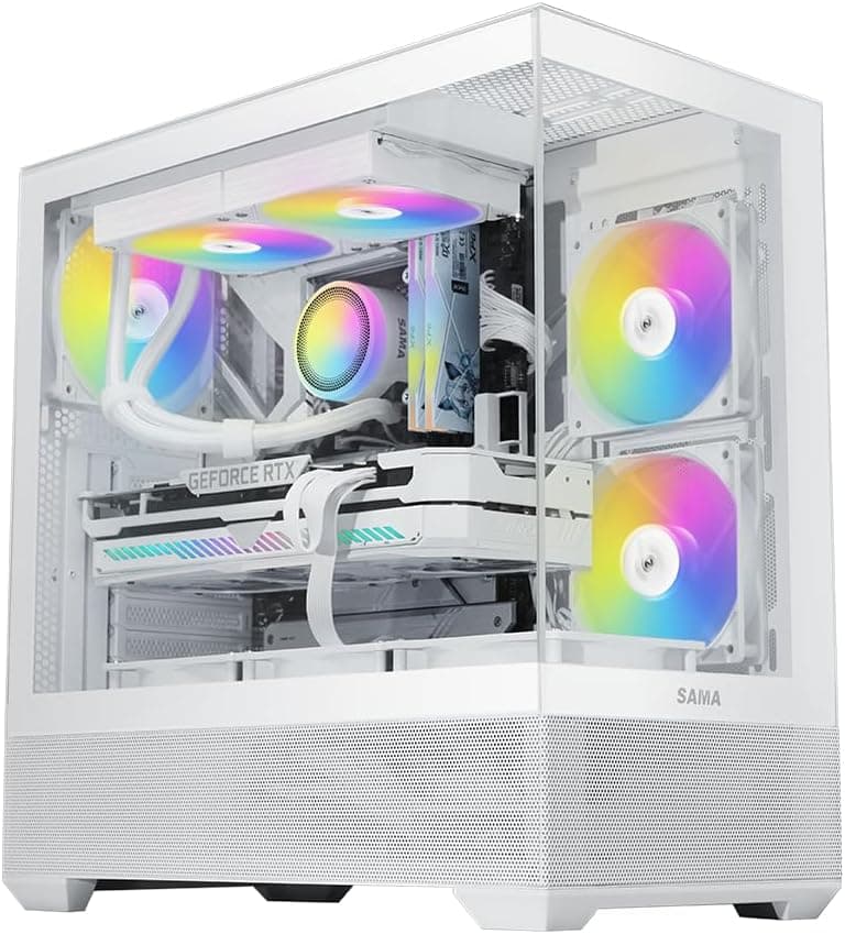 SAMA V40 Mid Tower ATX Case – 6 × 120mm ARGB PWM Fans Pre-Installed, Dual Tempered Glass Panels, Vertical Airflow, Dual-Chamber Design, USB 3.1 Type-C, 7 Slots, Supports ATX/MATX/ITX GPUs, White