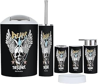Bathroom Accessories Set 6 Pcs Break Silence Slogan Skull Wings Rock Style Toothbrush Holder Cup Soap Dispenser Soap Dish Toilet Brush Holder Trash Can for Countertop Decor