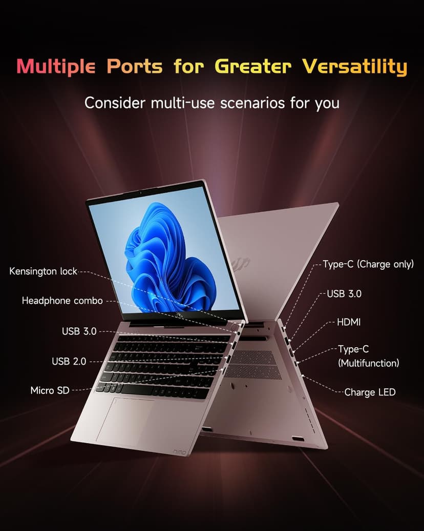 NIMO 15.6 FHD Student Laptop, 16GB RAM, 1TB SSD, Intel Pentium Quad-Core N100(Beat to i3-1115G4, Up to 3.4GHz), 2 Years Warranty, Backlit Keyboard, Fingerprint, Win 11, Rose Gold