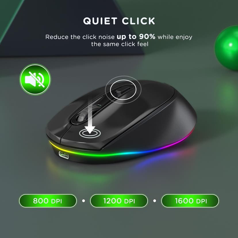 seenda Rechargeable Wireless Mouse -Light Up Mouse for Laptop, Small Cordless Mice with Quiet Click & LED Lights for Kids' Chromebook, Windows, Mac PC Computer - Black