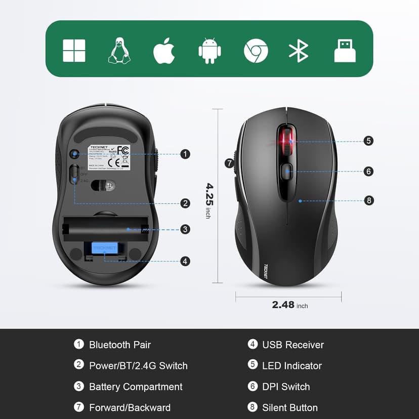 TECKNET Wireless Bluetooth Mouse for Laptop, 2.4G USB-A Silent Wireless Computer Mouse, 5-Level Adjustable 4000 DPI, Portable Mice with Receiver & 6 Buttons, 18 Months Battery Life (NOT USB-C)