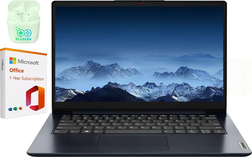 Lenovo IdeaPad 14" Business & Student Laptop, 4GB RAM 384GB Storage (256GB SSD+128GB eMMC), Dual-Core Intel Celeron, Windows 11 Home with 1-Year Microsoft Office 365 Included, PLUSERA Earphones