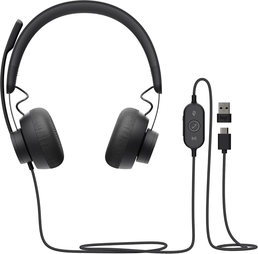 Logitech Zone Wired Headset, Certified for Microsoft Teams with advanced noise-canceling mic technology for open office environments, USB-C with USB-A adapter, Graphite