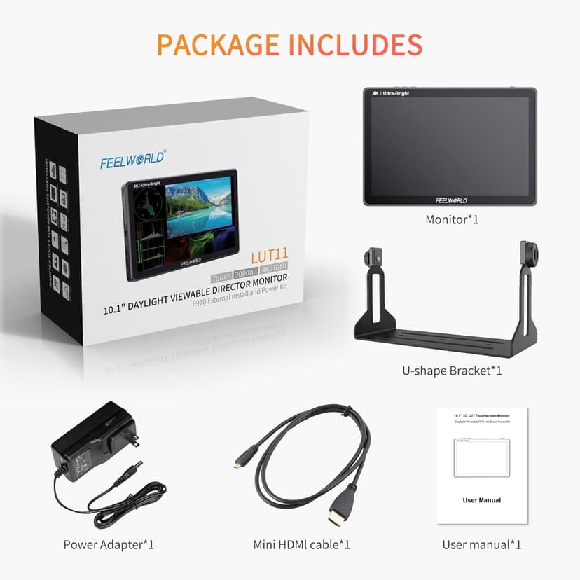 FEELWORLD LUT11H 10.1 Inch 2000nit Ultra Bright Camera Field DSLR Monitor with Touchscreen Waveform LUT F970 Install and Power Kit HDMI Input Output