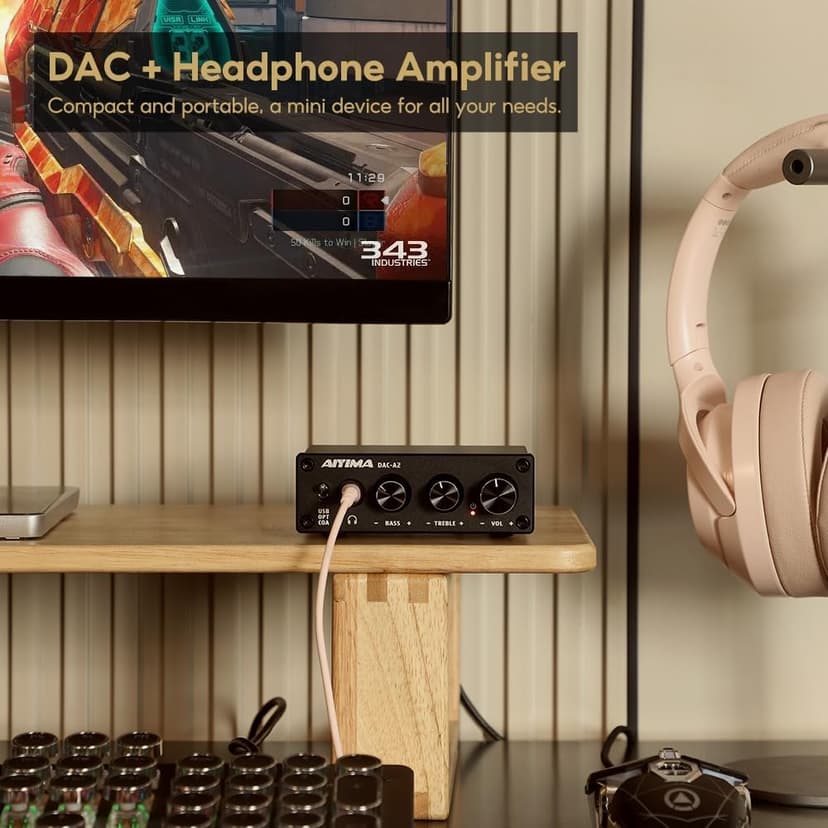AIYIMA DAC-A2 Headphone Amplifier DAC with Bass Treble Controls PC-USB/Optical/Coaxial Inputs, RCA/3.5mm Headphone Ouput Digital to Analog Desktop Audio Converter DC 5V 24Bit 192kHz