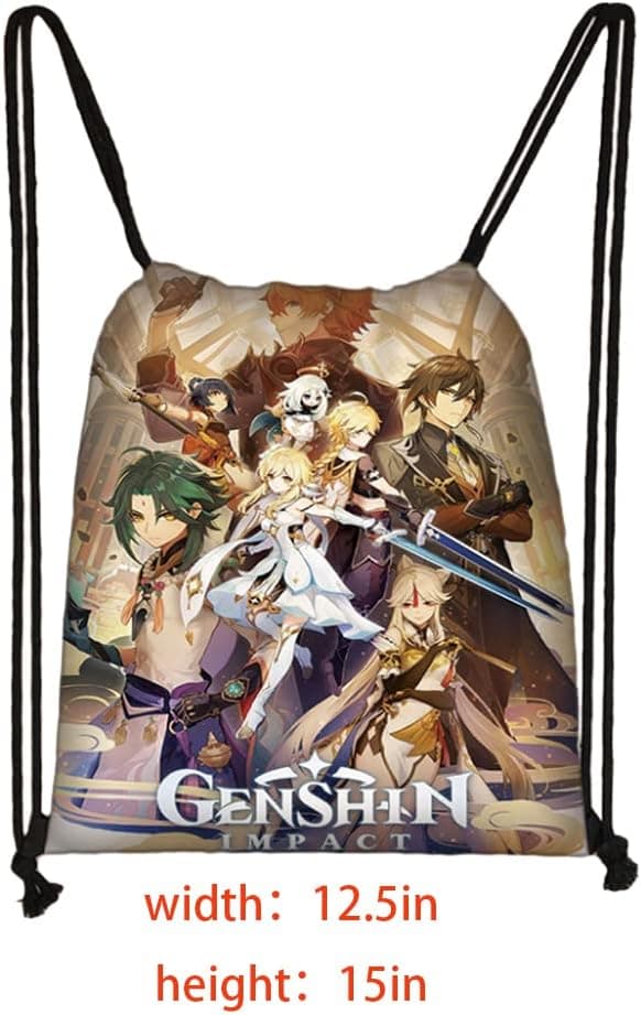 Genshin Impact merch Gift Sets - 1 Genshin Impact Drawstring Bag Backpack, 50 Cartoon Stickers, 1 Lanyard, 2 Keychains,2 Bracelets, 4 Button Pins,6 Stickers for Anime Genshin Impact Fans