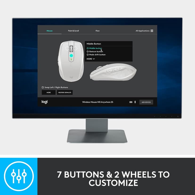 Logitech MX Anywhere 2S Bluetooth Edition Wireless Mouse - Use On Any Surface, Hyper-Fast Scrolling, Rechargeable, Control Up to 3 Apple Mac and Windows Computers and Laptops