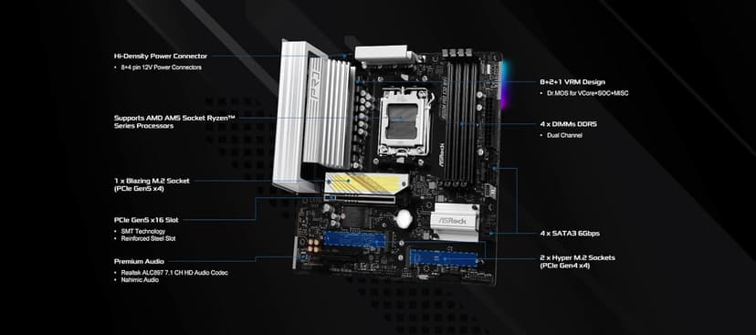 ASRock B650M Pro X3D WiFi AM5 Micro-ATX Motherboard: AMD Ryzen 9000/8000/7000 | DDR5 8000+ | PCIe 5.0 M.2 | WiFi 6E | 2.5G LAN | USB 3.2 Gen2 | BIOS Flashback
