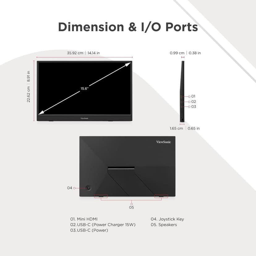 ViewSonic VA1653 16 Inch 1080p FHD IPS Portable Monitor with Eye Care, Built-in Stand, USB C, Mini HDMI, and Protective Case External Second Screen for Laptops, PC, Mac, and Gaming Consoles