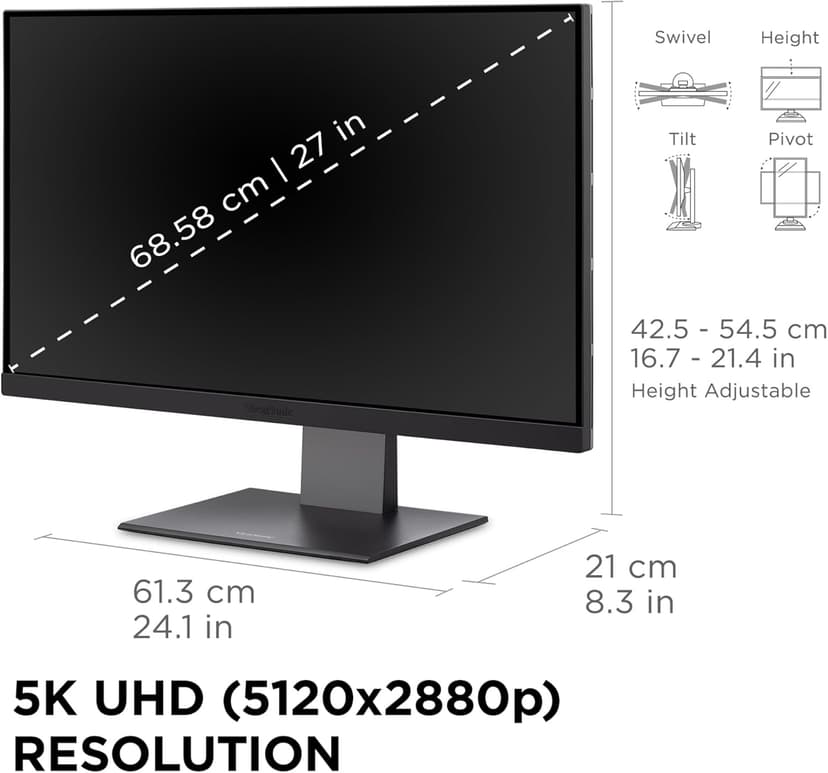 ViewSonic VP2788-5K 27 Inch 5K Mac-Ready Monitor with 100% sRGB, 99% DCI-P3, Pantone Validated, Advanced Ergonomics, Thunderbolt 4, USB Hub, HDMI, and DP for Home and Office