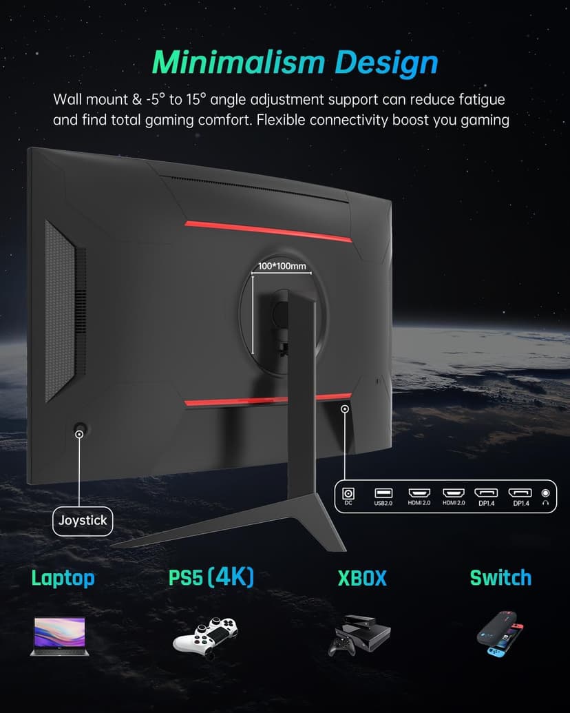 27 inch Gaming Monitor, 1440P Curved Monitor, 180Hz, 144Hz, 2K, 1500R, 1ms, FreeSync/G-Sync Compatible, DisplayPort/HDMI/USB, Ultrawide PC Vesa/Wall Mount Computer Monitor, H27S17