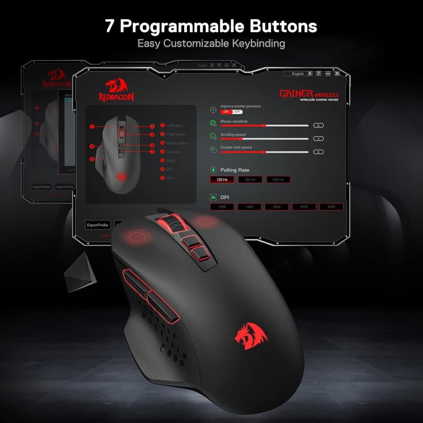 Redragon M656 Gainer Wireless Gaming Mouse, 4000 DPI 2.4Ghz Wireless Mouse w/ 5 DPI Levels, 7 Macro Buttons, Red LED Backlit & Pro Software/Drive Supported, for PC/Mac/Laptop