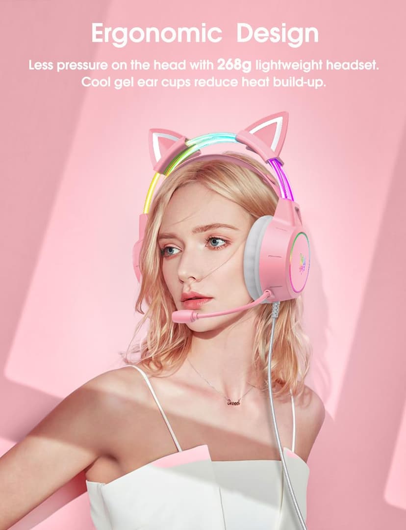 Lightweight Gaming Headset with Detachable Cat Ears, RGB Lighting, Wired Over Ear Headphones with Mic for PC, PS4, PS5, Xbox, Switch, Stereo Surround Sound, Self-Adjusting Headband