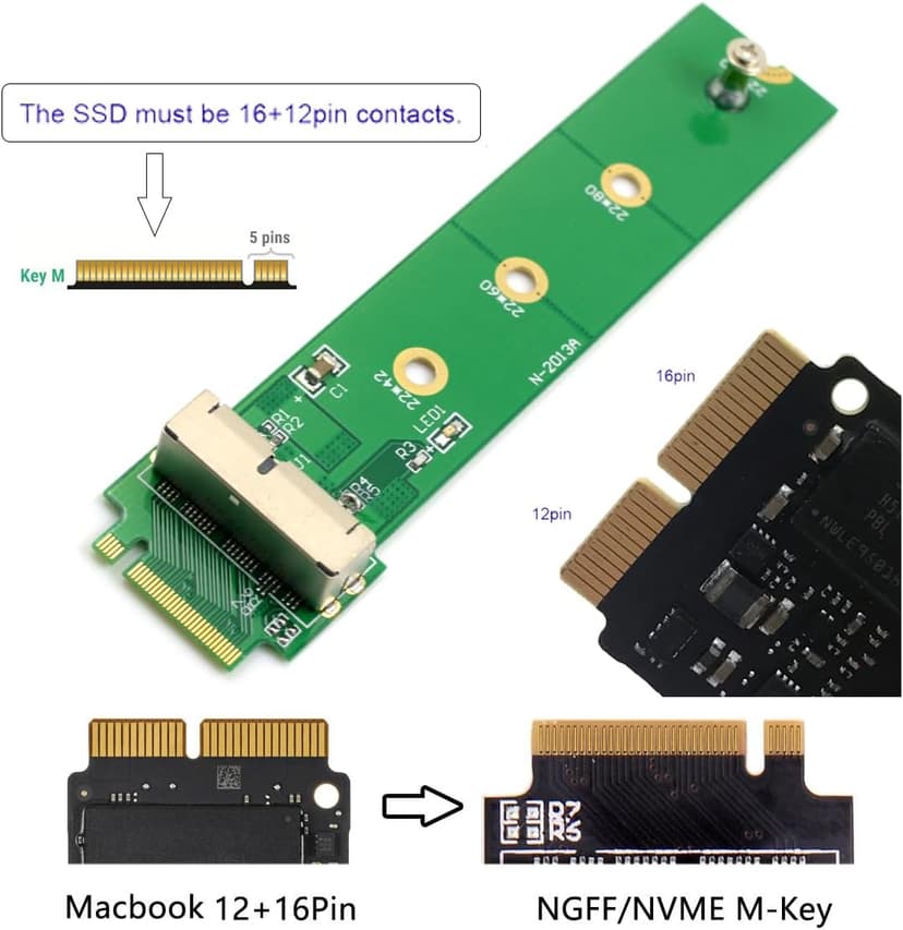 Cablecc 12+16Pin SSD to NVME M.2 NGFF M-Key for 2013 2014 2015 2016 2017 MacBook SSD