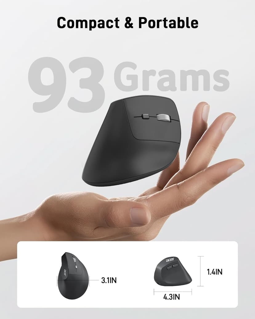 acer Ergonomic Mouse Wireless, 1000/1200/1600 Adjustable DPI Vertical Mouse with 6 Buttons, Rechargeable Ergo Mice with 2.4GHz USB Receiver for Computer, Laptop, PC, iMac and Desktop