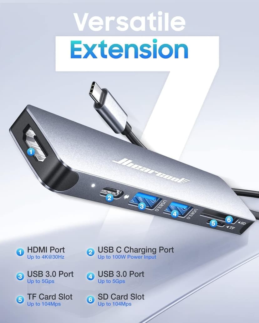 Hiearcool USB C Hub, USB-C Multi-Port Adapter for MacBook Pro, 7IN1 USBC to HDMI Hub Dongle Compatible for Laptops and Other Type C Devices (4K HDMI USB3.0 SD/TF Card Reader 100W PD)