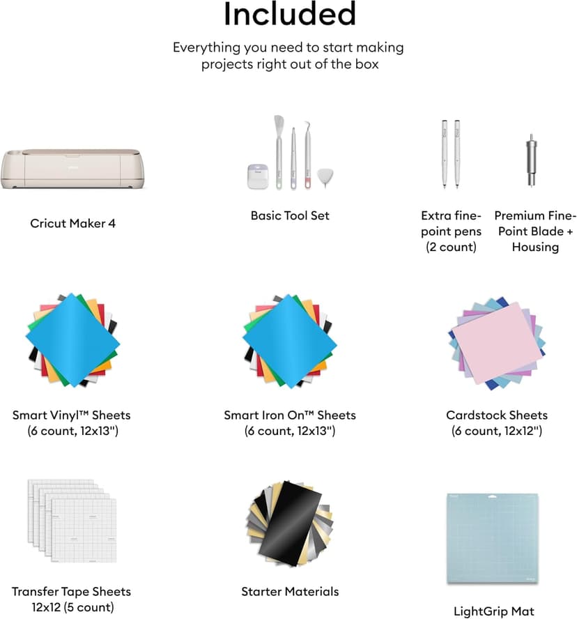 Cricut Maker 4 - Smart Cutting Machine (Seashell) | Engagement Bundle - Includes Smart Vinyl, Cardstock, Transfer Tape, Iron On HTV, Mat, Pens, Tool Kit, & 25 Images in Design Space App