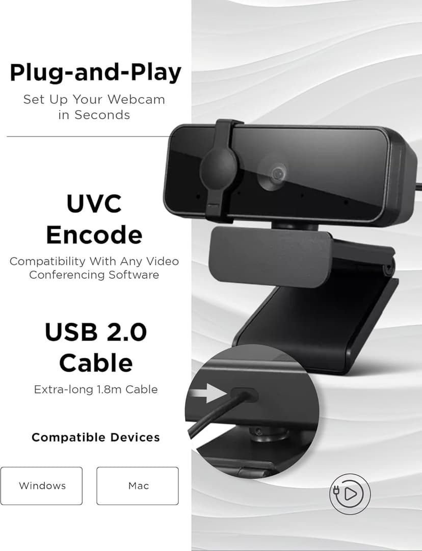 Lenovo Essential Full HD 1080P Webcam, Dual Microphone, No Driver 1.8m USB 2.0, Wide-Angle, Tilt-Control, 360-Degree Rotation, Black