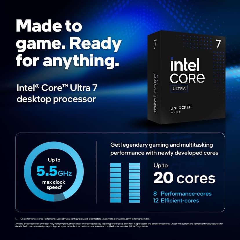Intel Core Ultra 7 Desktop Processor 265K - 20 cores (8 P-cores + 12 E-cores) up to 5.5 GHz