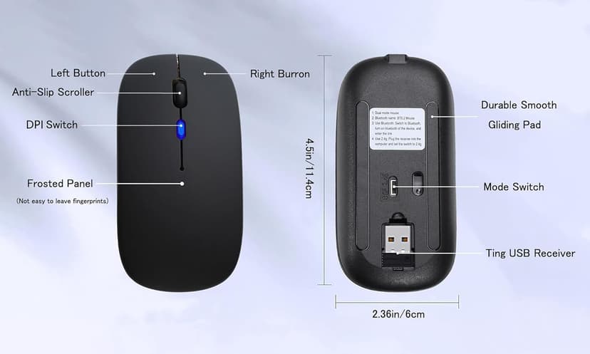 Wireless Bluetooth Mouse Rechargeable Laptop Mice with LED Lights Silent Slim Use(BT5.2 and 2.4G Portable USB) Dual Mode Computer Mouse for Laptop/iPad/Tablet/Apple/Computer/Mac (Black)