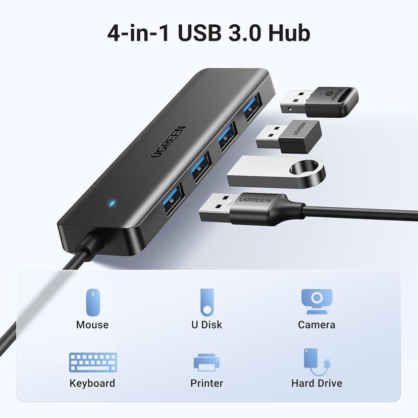 UGREEN USB 3.0 Hub, 4 Ports USB A Splitter Ultra-Slim USB Expander for Mouse, Keyboard, Flash Drive, U Disk, Printer Compatible with Laptop, Desktop PC, Xbox, PS5, and More