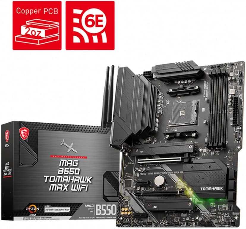 MSI MAG B550 Tomahawk MAX WiFi Gaming Motherboard (AMD Ryzen 5000 Series, AM4, DDR4, PCIe 4.0, SATA 6Gb/s, M.2, USB 3.2 Gen 2, HDMI/DP, Wi-Fi 6E, Bluetooth 5.2, 2.5Gbps LAN, ATX)