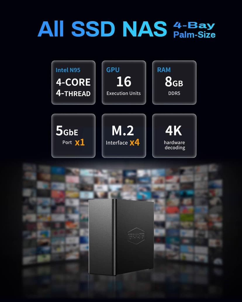 TERRAMASTER F4 SSD NAS Storage - 4Bay All SSD NAS Server N95 QuadCore CPU, 8GB DDR5 RAM, 5GbE Port, Palm-Sized High-Performance Network Attached Storage (Diskless)