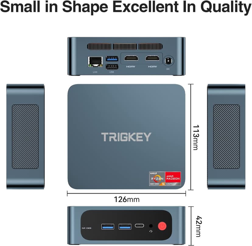 Mini PC AMD Ryzen 5 5500U(6Cores, 12Threads) 16GB DDR4 500GB M.2 NVME(Max 2200MB/S) SSD, TRIGKEY S5 Mini Desktop Computers OS 11 Pro, WiFi6(802.11ax) BT5.2, Triple Display USB 3.2*3 Type-C LAN 2.5Gbps