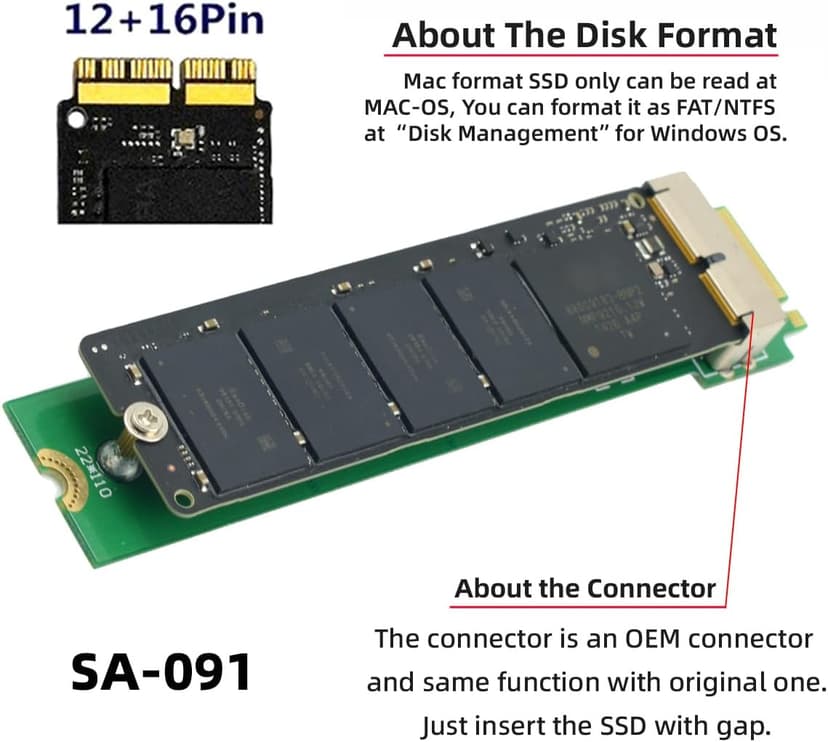 Cablecc 12+16Pin SSD to NVME M.2 NGFF M-Key for 2013 2014 2015 2016 2017 MacBook SSD