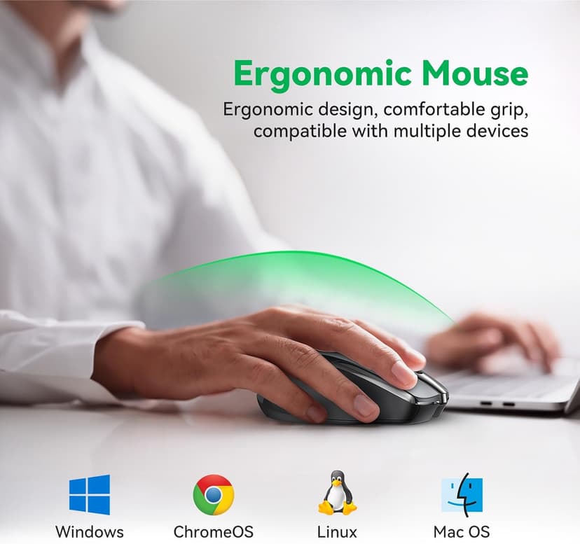 Bluetooth Mouse (BT5.0/3.0 & 2.4G) Rechargeable Wireless Mouse, 4800 DPI Optical Tracking, 6 Adjustable DPI, 2.4GHz with USB A Receiver, Quiet Clicks, Ergonomic Grips, 6 Buttons - Grey