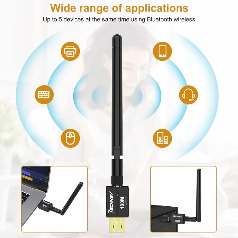 Long Range USB Bluetooth 5.3 Adapter for Desktop PC - 328FT Wireless Transfer for Mouse, Keyboard, Headphones - Win11/10/8.1 Support