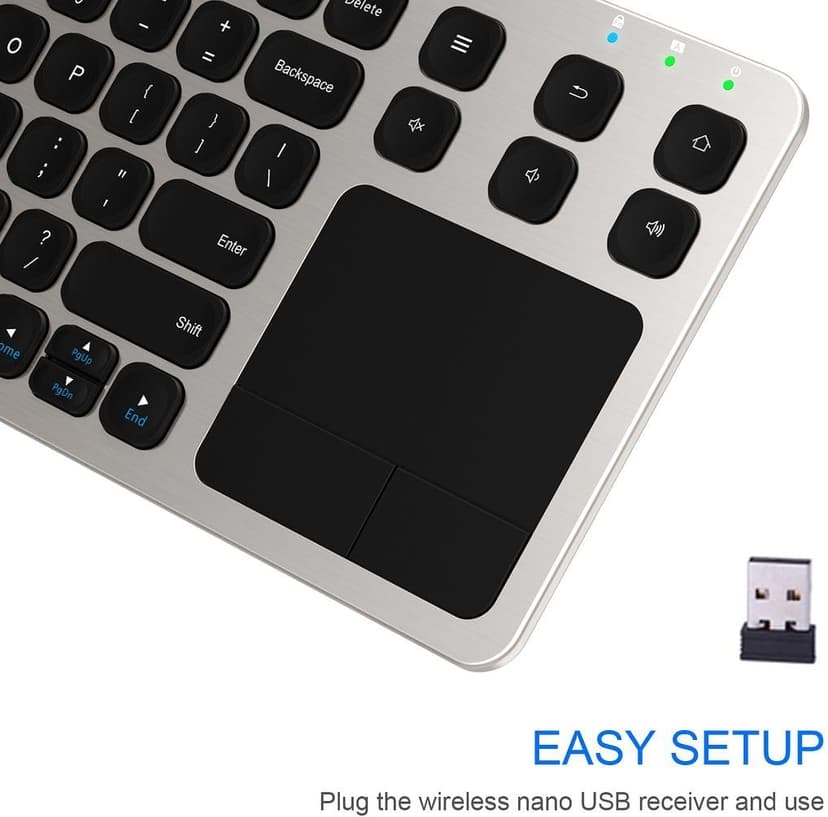 Arteck 2.4G Wireless Touch TV Keyboard with Easy Media Control and Built-in Touchpad Mouse Solid Stainless Ultra Compact Full Size Keyboard -Connected Computer, Smart TV, HTPC