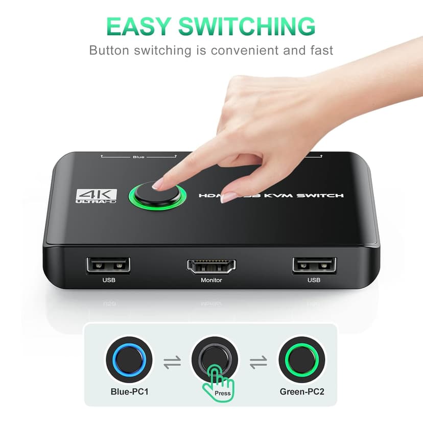 4K KVM Switch HDMI 2 Port Box, USB HDMI KVM Switches for 2 Computers Share Keyboard Mouse Printer and one HD Monitor, Support UHD 4K@60Hz, with 2 USB Cables and 2 HDMI Cables