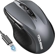 Bluetooth Mouse (BT5.0/3.0 & 2.4G) Rechargeable Wireless Mouse, 4800 DPI Optical Tracking, 6 Adjustable DPI, 2.4GHz with USB A Receiver, Quiet Clicks, Ergonomic Grips, 6 Buttons - Grey
