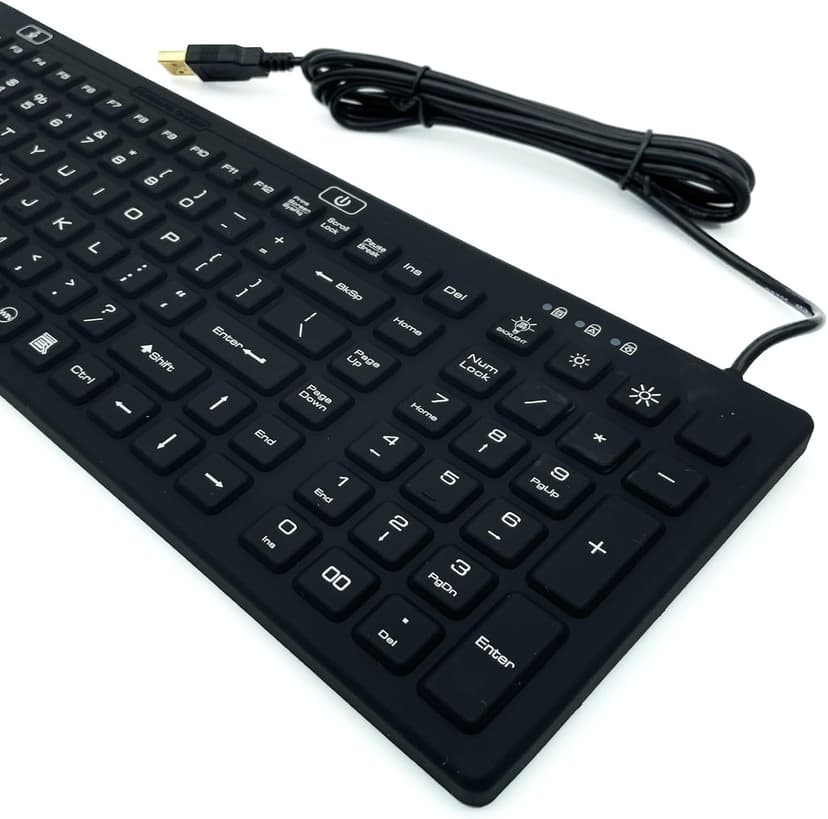 DS International DSI LED Backlit Keyboard with Number Pad - Industrial IP68 Waterproof Rugged Silicone IKB106BL