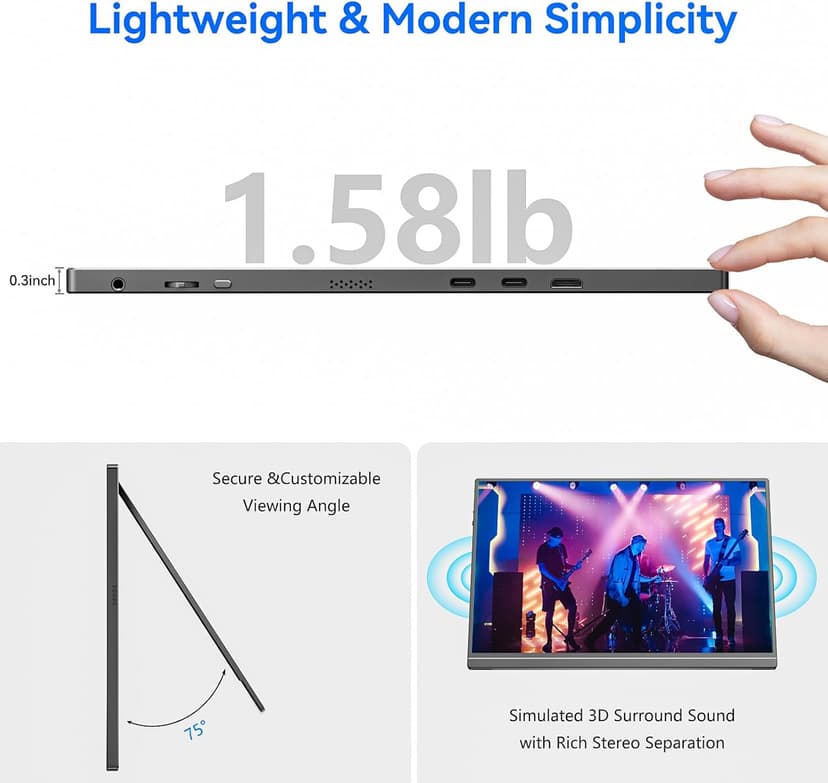 16" Portable Monitor, 1920×1200P IPS Laptop Screen with USB-C, HDMI Gaming Monitor with Kickstand, 0.3" Ultra-Slim for Travel/Office