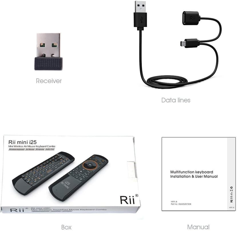 Rii Mini K25 Multifunction Portable 3 in 1 2.4GHz Wireless Fly Mouse Keyboard and Remote Control with Rechargeable Li-ion Battery for PC, Laptops, Linux, Android Tv Boxs, Windows, Windows, IPTV