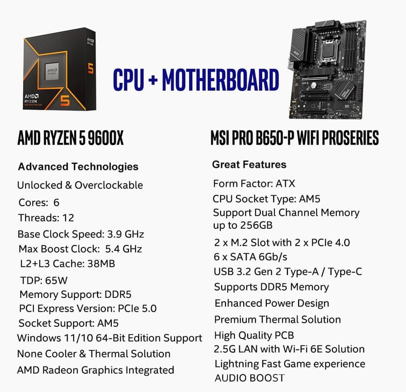 INLAND AMD Ryzen 5 9600X 6-Core 12-Thread AM5 5.4 GHz Unlocked Desktop Processor with PRO B650-P WiFi ProSeries Motherboard (ATX, DDR5, PCIe 4.0)