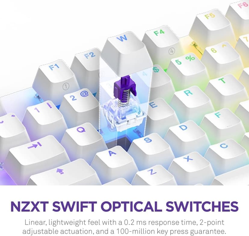 NZXT Function 2 Full-Size Wired Optical Gaming Keyboard - 8K Polling Rate - Linear Optical Switches - Adjustable Actuation - Double-Shot PBT Keycaps - RGB - Hot-Swappable - White