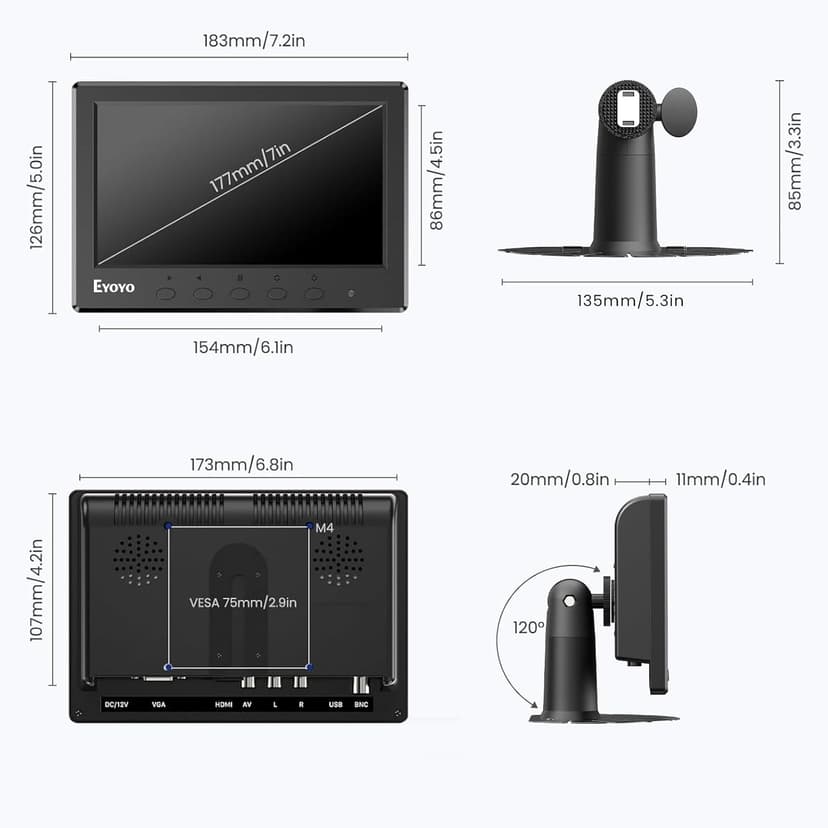 Eyoyo Mini Monitor 7 Inch Small HDMI Monitor 1024x600 LCD Screen Display HMDI AV VGA BNC USB Input for PC CCTV Security Camera Computer Laptop RasPi