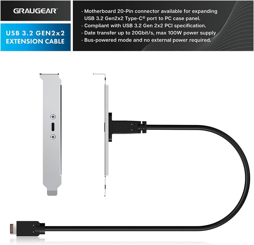 GRAUGEAR 20Gbps USB 3.2 Gen 2x2 USB-C Front Panel Type-C Adapter, Motherboard Header Extension Cable, USB-C to USB3.2 Type-E Key-A 20-Pin Connector with PCIe Bracket, 23.6 in [G-AD-ETC-10G]