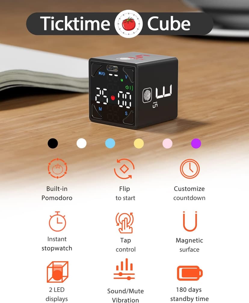 Pomodoro Timer Cube, Productivity Timer, Pause & Resume, Silent, Vibrate & Adjustable Sound Alert, for ADHD, Task, Work, Study, 1/3/5/10/15/25/45/60min & Custom Countdown, Black