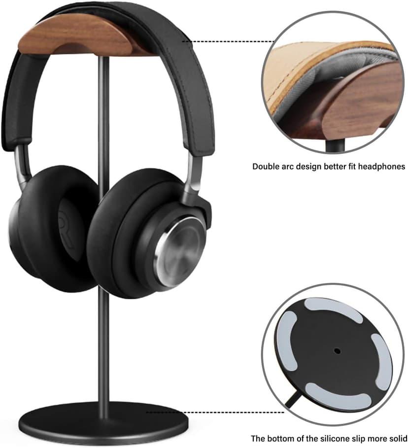 Headphone Stand, Walnut Wood & Aluminum Headset Stand, Nature Walnut Gaming Headset Holder with Solid Heavy Base for All Headphone Sizes (Black)