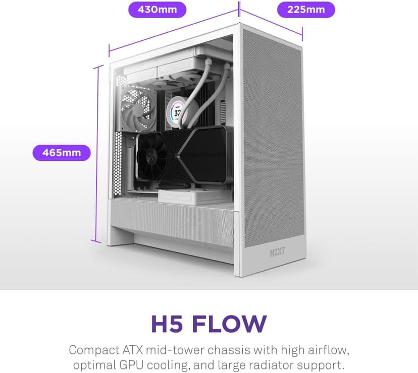 NZXT H5 Flow 2024 - Compact ATX Mid-Tower PC Gaming Case - High Airflow - 2 x 120mm Fans Included - 360mm Front & 240mm Top Radiator Support - Cable Management System - Tempered Glass - White