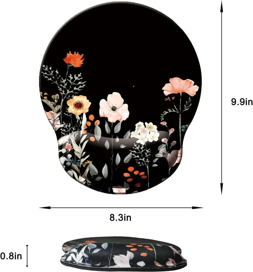 Mouse Pad with Wrist Support, Ergonomic Mouse Pad with Memory Foam Wrist Rest Cushion, Non-Slip Rubber Base Gaming Mice Pad for Home Office Computer Laptop, Flower Black