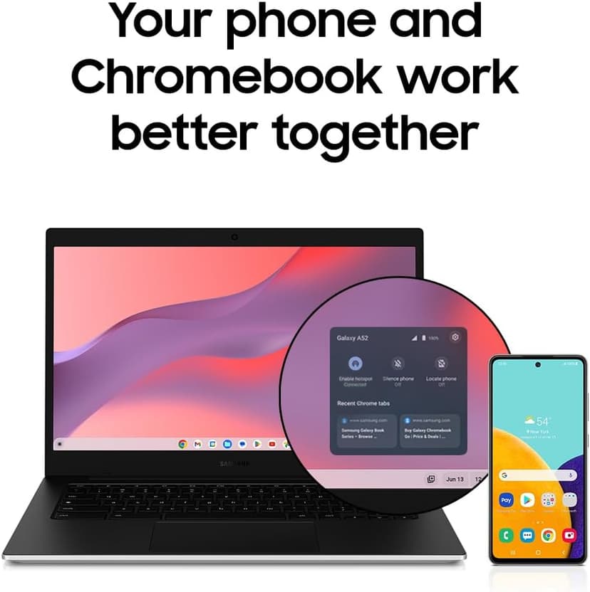 Samsung 14" Galaxy Chromebook Go Laptop PC Computer, Intel Celeron N4500 Processor, 4GB RAM, 64GB Storage, ChromeOS, XE340XDA-KA2US, Student Laptop, Back to School Ready, Silver